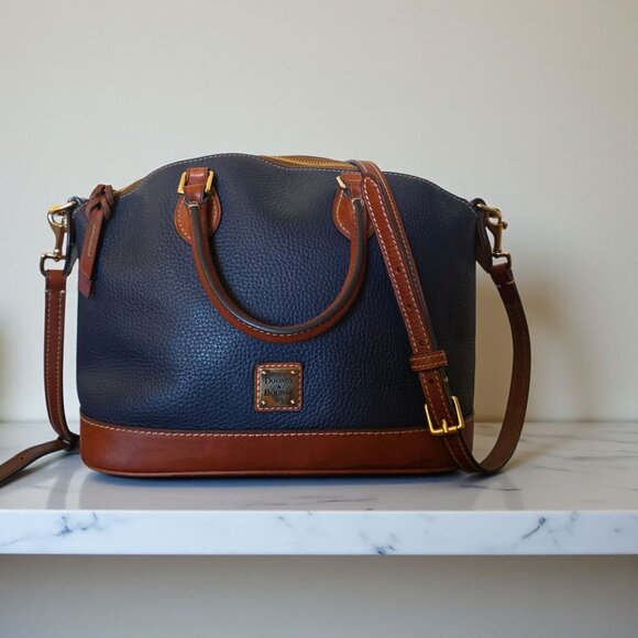 Dooney & Bourke Pebble Grain Darcy Domed Satchel Crossbody Navy Tan Leather - Picture 1 of 16